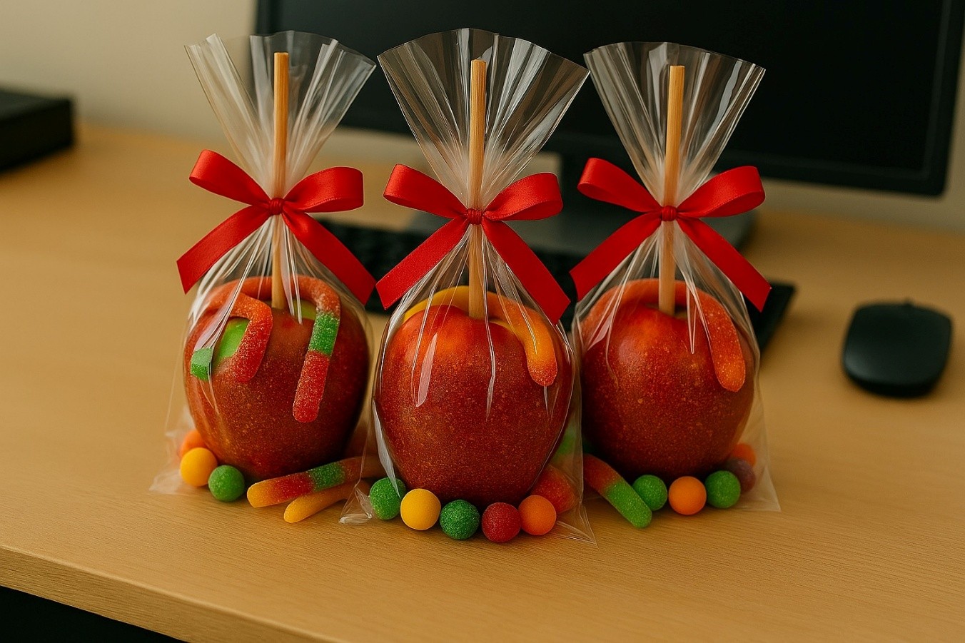 Manzanas cubiertas de chamoy en celofán